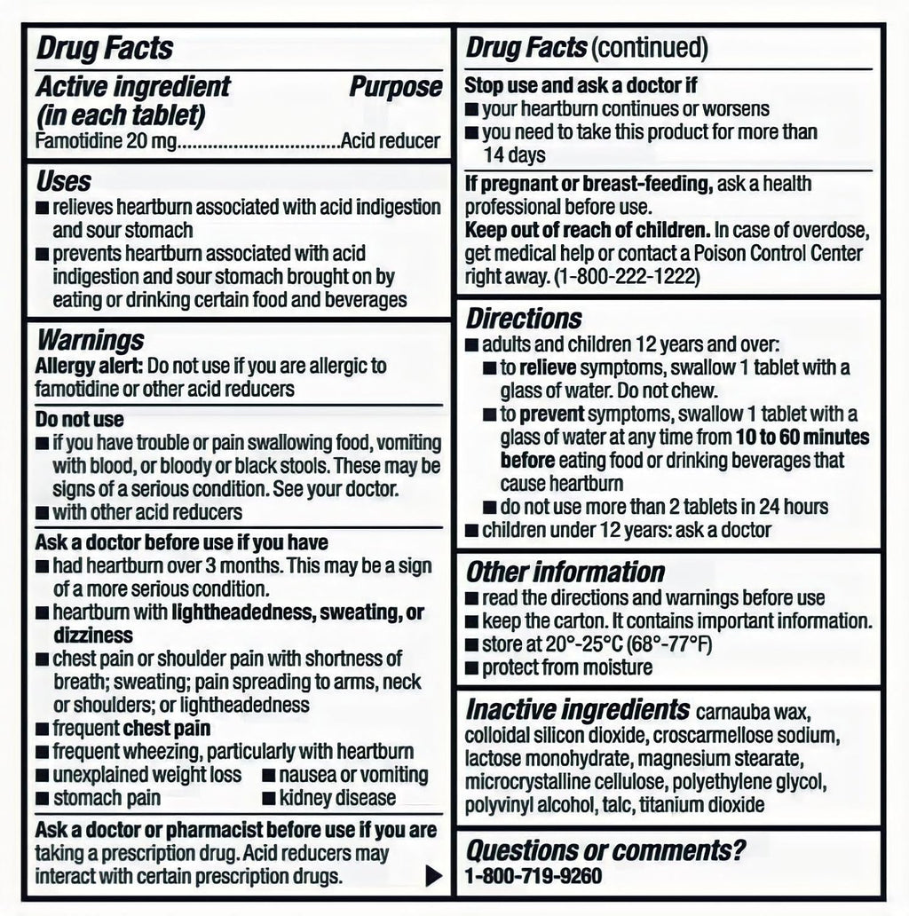 berkley jensen Maximum Strength Famotidine 20 mg, Acid Reducer Tablets, Relieves Meal-Induced Heartburn & Acid Indigestion Symptoms, All-Day Heartburn Prevention & Relief, 125 Count (Pack of 2)