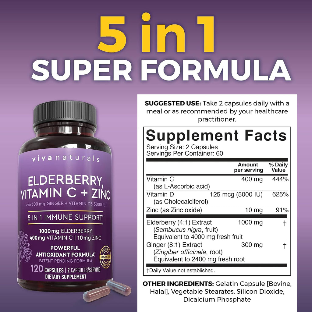 Viva Naturals Elderberry with Vitamin C and Zinc for Adults - 5 in 1 Sambucus Black Elderberry Capsules with Vitamin D3 5000 IU Immunity Supplement, Sambucus Elderberry Immune Support Supplement