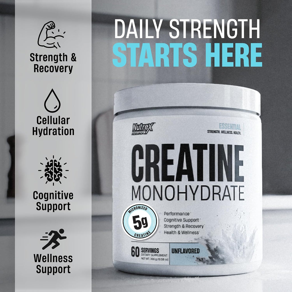 Nutrex Research Essentials Creatine Monohydrate Powder, 5g Micronized Creatine per Scoop, Unflavored, 60 Servings, Gluten Free, Supports Strength, Recovery, and Cognitive Function