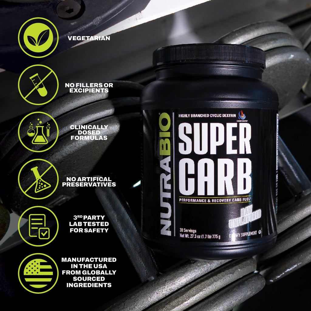 NutraBio Super Carb, Carbohydrate Powder with Cluster Dextrin & Electrolytes, Advanced Carb Supplement Powder for Workout Fuel, Performance, and Muscle Recovery, Cyclic Dextrin, Unflavored, 30 Sv
