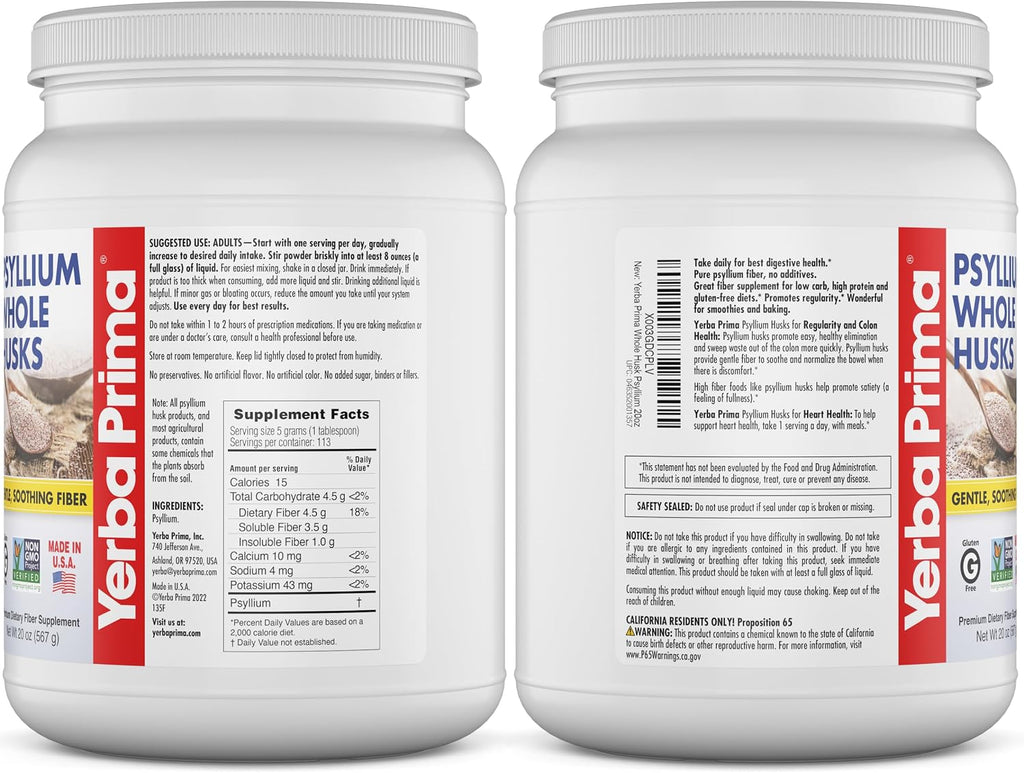 Yerba Prima Psyllium Whole Husks Fiber Supplement 20oz - Colon Cleanse - Gut Health - Vegan Non-GMO Gluten Free