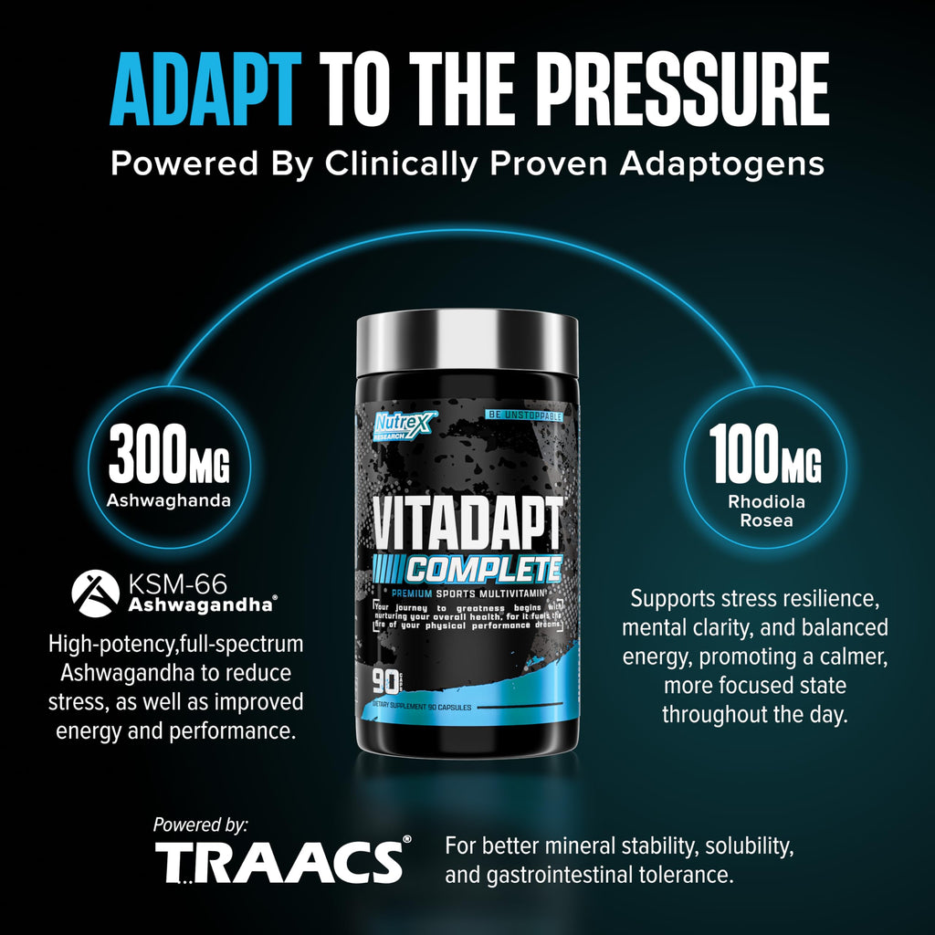 Nutrex Research Vitadapt Complete Sports Multivitamin for Men - 24 Vitamins, KSM-66 Ashwagandha and Minerals for Athletes - Mens Multivitamin (90 Capsules)