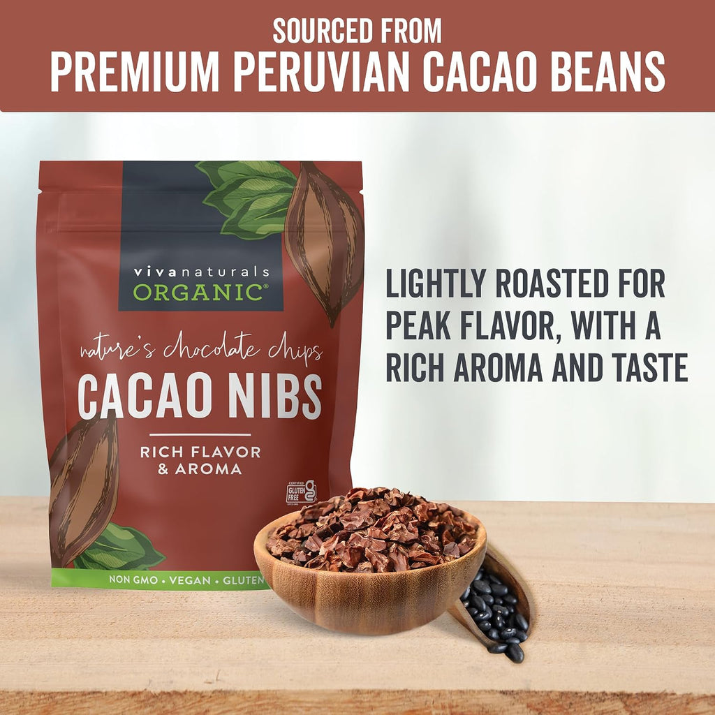 Viva Naturals Organic Cacao Nibs, Unsweetened, 1 LB (454 g), Keto Friendly, Vegan, Non-GMO, Gluten-Free Crunchy Chocolate Chip Substitute