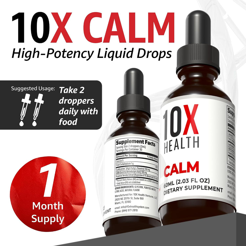10X Health Calm Drops - 100mg, 2.03 Fl Oz | Gaba Supplements: 100mg L-Theanine, Calm & Stress Support, Natural Flavor, 2.03 Fl Oz