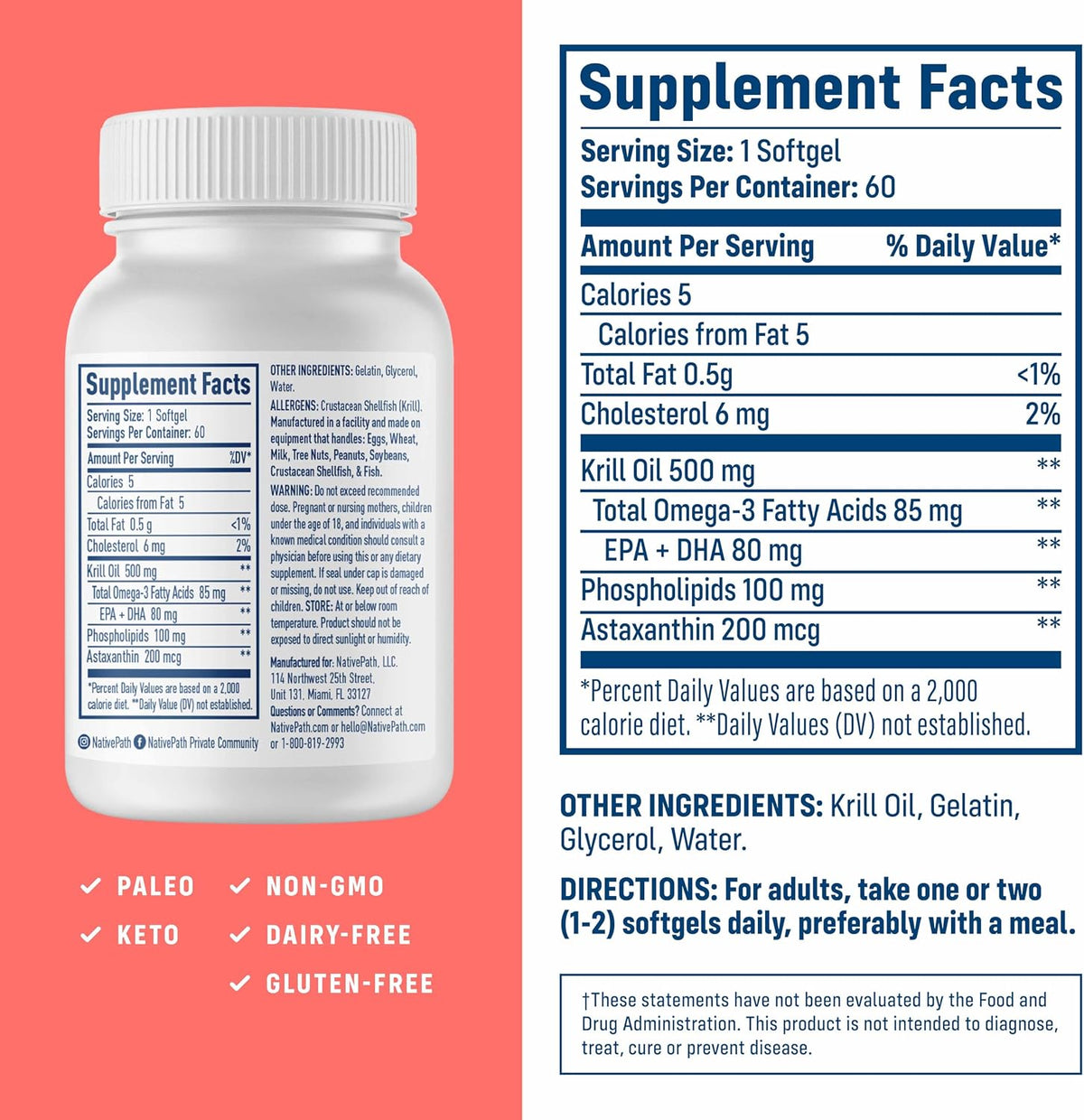 NativePath Antarctic Krill Oil 500mg, Omega-3, 60 Softgels | Wild-Caught, Astaxanthin, EPA & DHA Phospholipid-Bound, Supports Circulatory, Brain & Joint Health