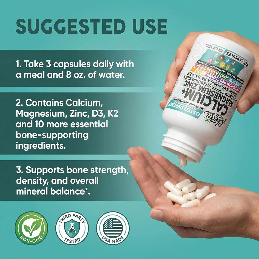Allin1 Calcium Magnesium Zinc Supplement with Potassium, Copper, Strontium, Silica, Vitamin D3 K2, Boron, Vitamin B1 B12 Red Clover Herb Alfalfa Basil Pills for Men & Women Clean Nutra Osteo Defend
