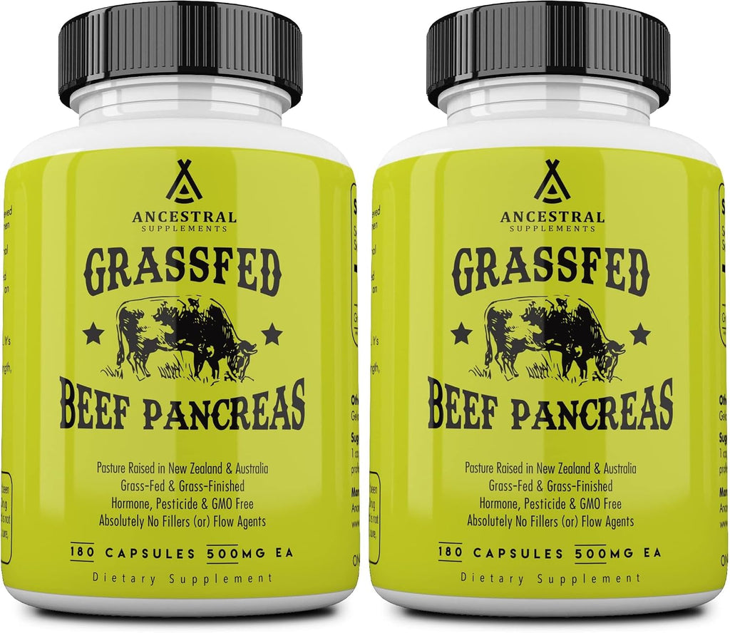 Ancestral Supplements Grass Fed Beef Pancreas Supplement, 500mg, Pancreatic Support with Proteolytic Digestive Enzymes for Digestion Support, Including Trypsin, Non GMO, 180 Capsules (Pack of 2)