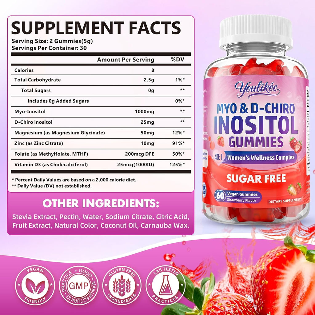 Myo-Inositol & D-Chiro Inositol Gummies for Women, Sugar-Free, 60 Count | Ideal 40:1 Ratio with Vitamin D3, Folate, Magnesium and Zinc - Support Female Health & Wellness, Strawberry Flavor