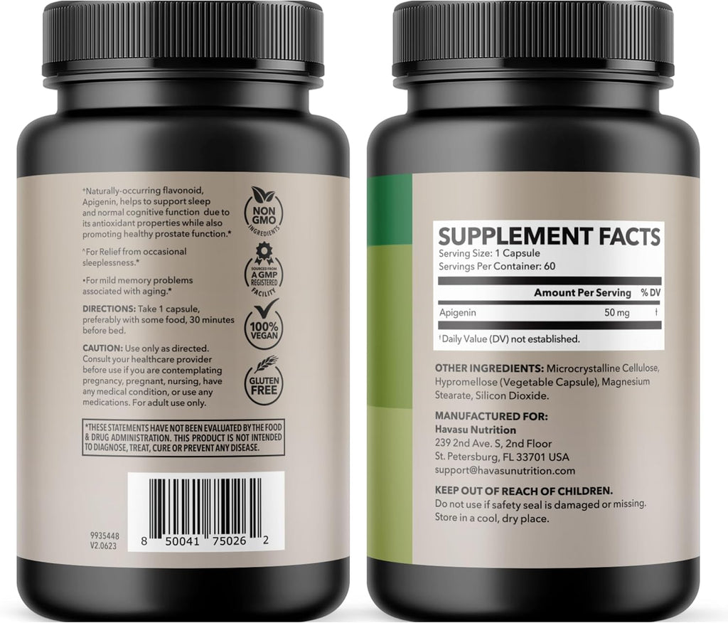 Apigenin Capsules 50mg, 60 Count, Sleep & Cognitive Support Supplement | Melatonin-Free Sleep Support, Chamomile Flavonoid for Relaxation & Cognitive Function, Vegan, Non-GMO, 2-Month Supply