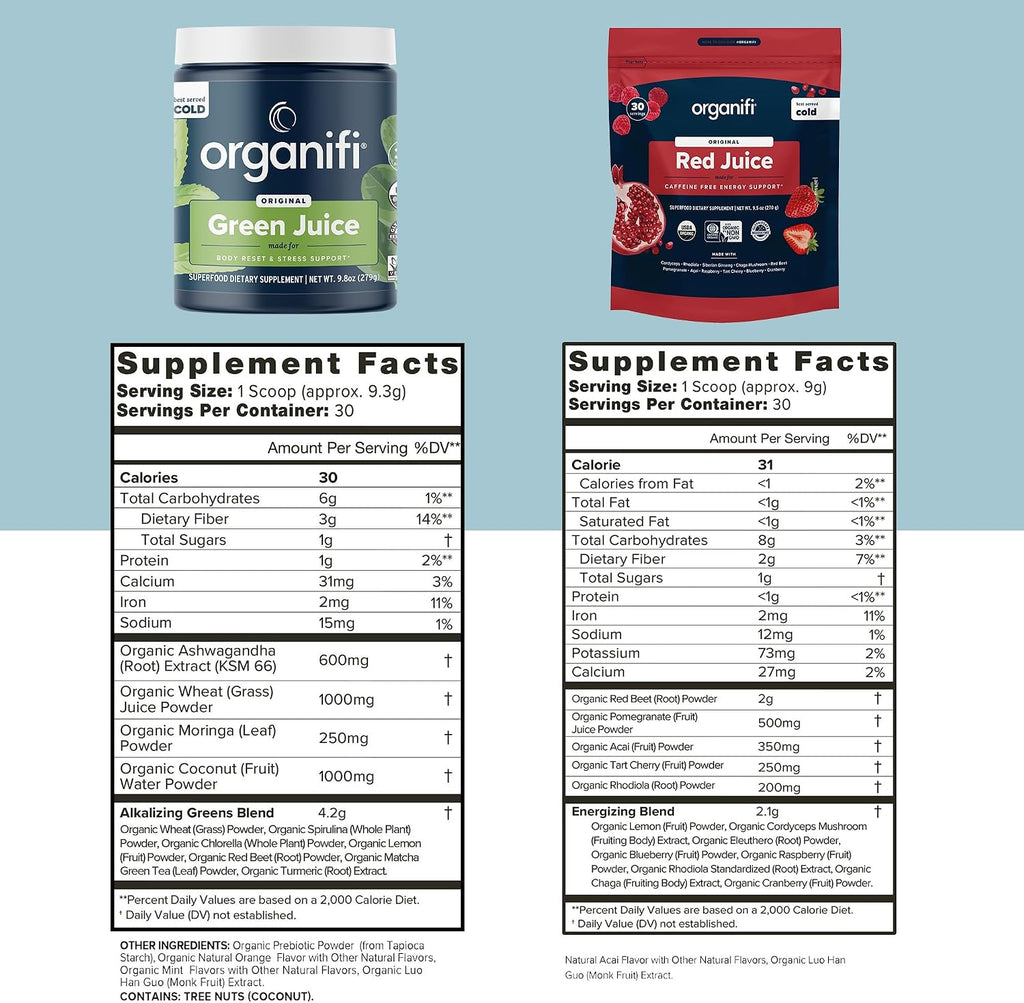 Organifi Green Juice and Red Juice Bundle - 30 Day Supply - Delicious, Refreshing Organic Superfood Supplement Powder With Antioxidants for Energy and Stress Relief Support - No GMO, Gluten, or Soy