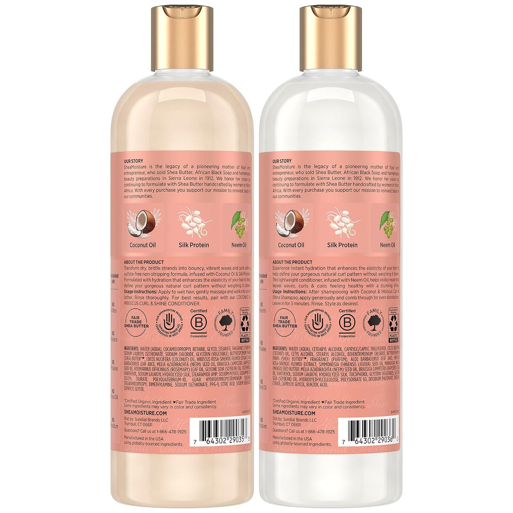 SheaMoisture Coconut & Hibiscus Curl & Shine Shampoo & Conditioner for Bouncy Curls, Frizz Control, 16 Oz Ea