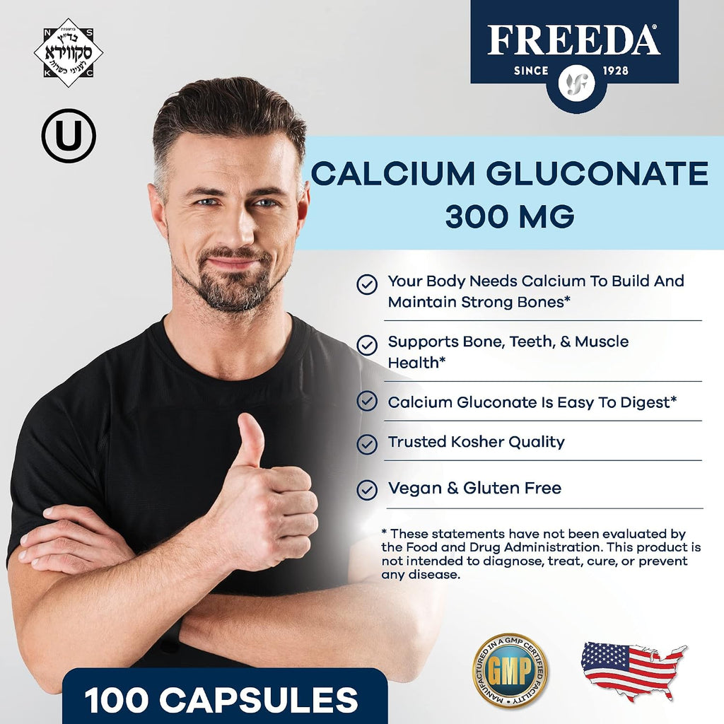 FREEDA Calcium Gluconate Supplement for Bone & Joint Support – 100 Capsules | Supports Teeth & Muscle Health – Pure Calcium w/o Vitamin D – Gentle on Stomach, Easy-to-Digest, Kosher, Vegan, Made in USA