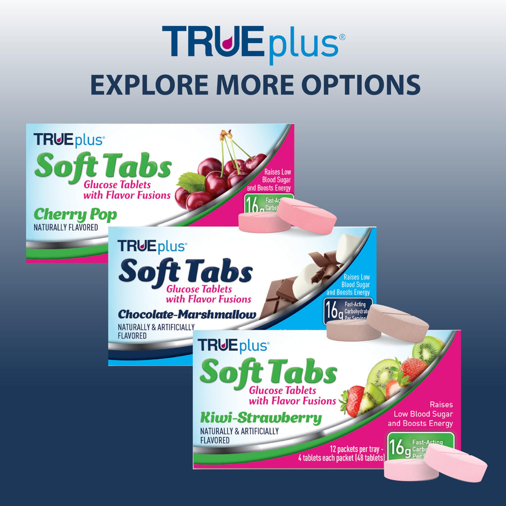 TRUEplus Soft Tabs Glucose Tablets, Cherry Pop Flavor, 4 Count, 12 Packs | Chewable Tablets, 16g Fast-Acting Carbohydrates, Fat Free, Gluten Free, Boosts Energy, Great Tasting and Easy to Use