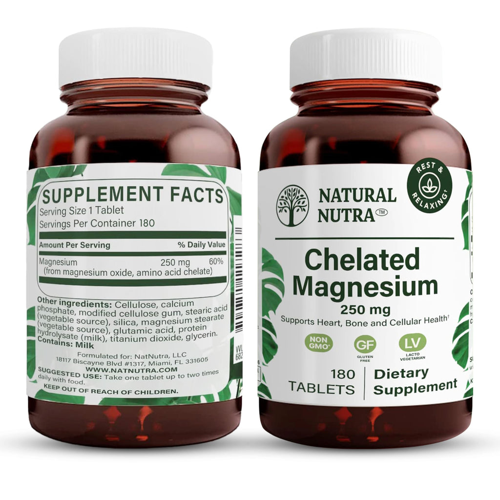 Natural Nutra Chelated Magnesium Oxide 250mg- High Absorption for Strong Bones, Heart Health, Improves Dental Health, Energy Boost, Gluten-Free, Non-GMO, 90Tablets in BPA-Free Recyclable Glass Bottles