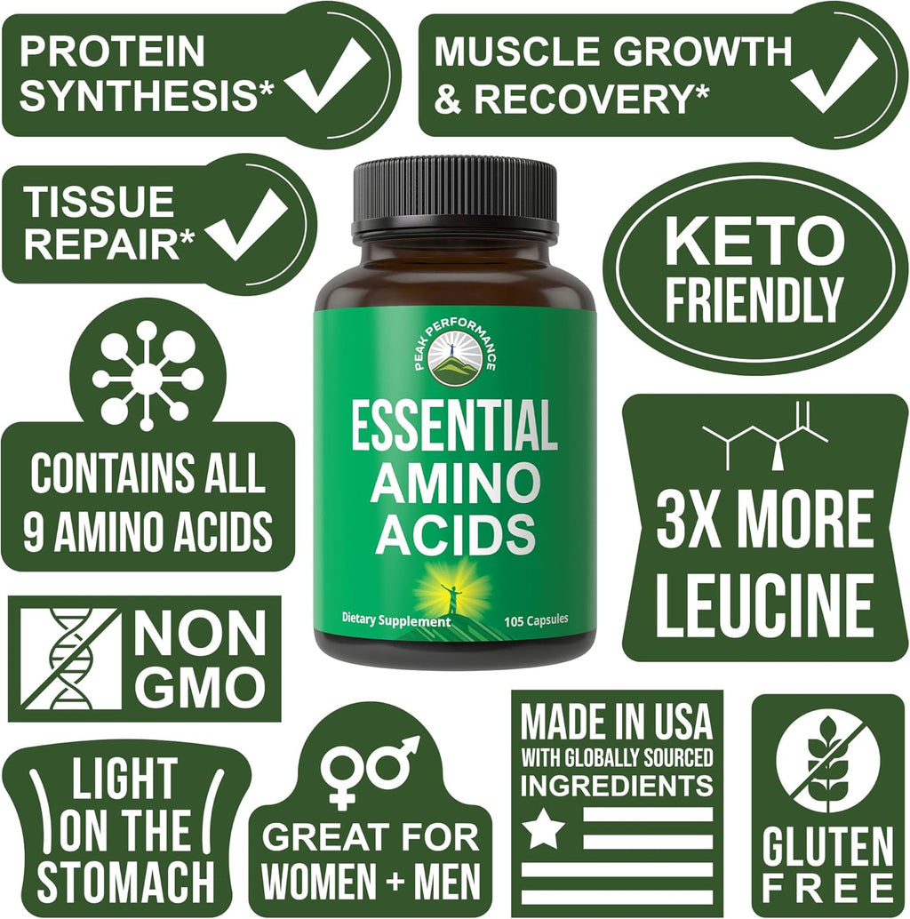 All 9 Essential Amino Acids Supplement. Capsules with 3X More Leucine for Muscle Recovery, Growth. EAA Supplement Better Than BCAA / BCAAS Branched Chain Aminos Acid. USA Tested EAAs for Men + Women