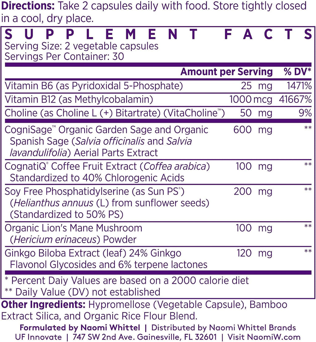 NAOMI BrainSpan™ with BDNF Support - Supports Working Memory, Focus & Concentration - CogniSage™, CognatiQ®, Lion Mane, Phosphatidylserine, Ginkgo Biloba, B6 & B12, Non-GMO, 30-Day Supply