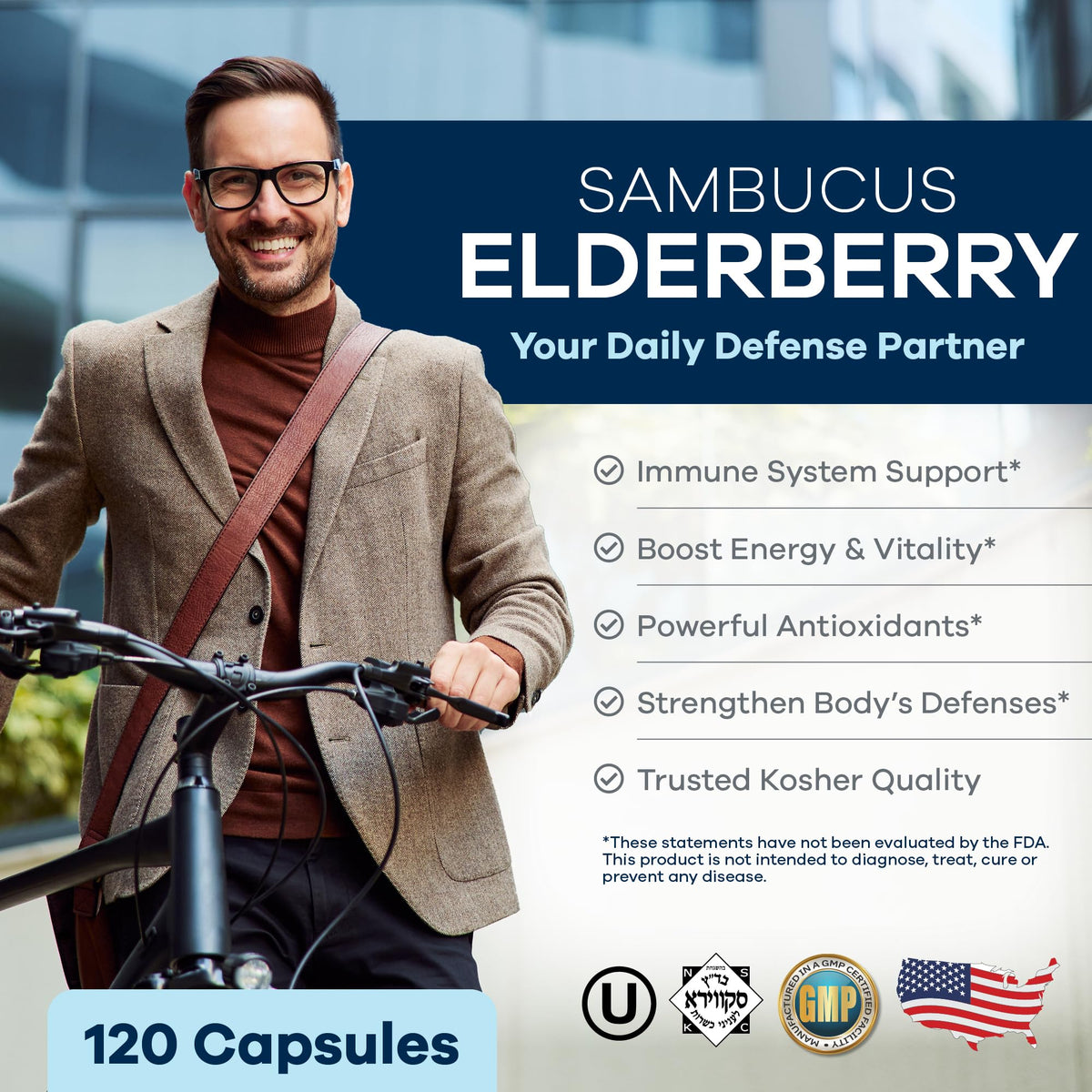 FREEDA Sambucus Elderberry Capsules - 5-in-1 Immune Support - 120 Count | Herbal Antioxidant Supplement with Vitamin C, Zinc, Vitamin D3 & Ginger for Adults - Gluten-Free - Made In USA