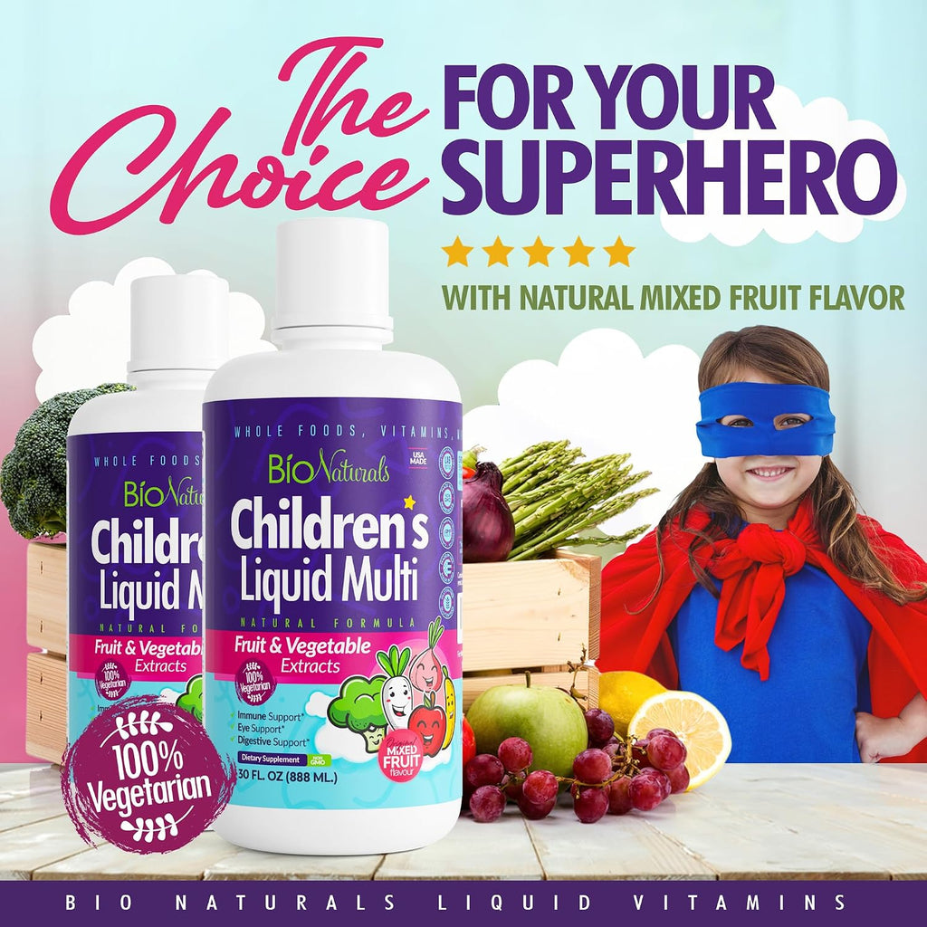Children's Liquid Multivitamin & Immune Booster - Natural Supplement for Kids & Toddlers with Vitamins A B C D3 E, Fiber, Fruits & Vegetables - No Gluten, Sugar, Dairy, Soy - 30 oz