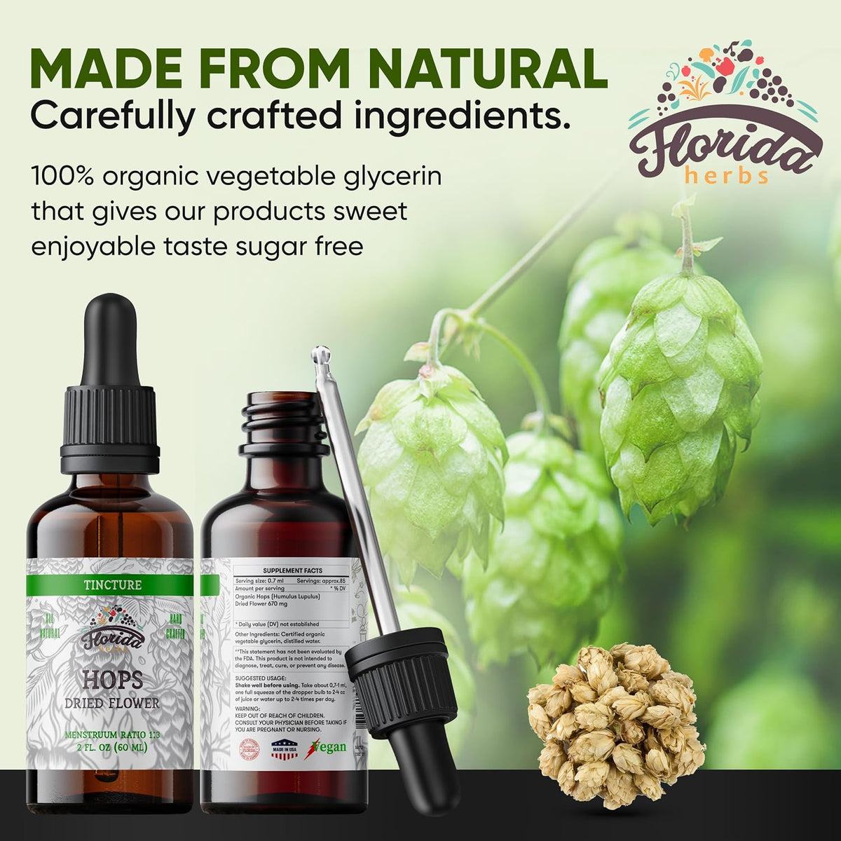 Hops Tincture, Organic Hops Extract Drops (Humulus Lupulus) Dried Flowers - Non-GMO 2 oz