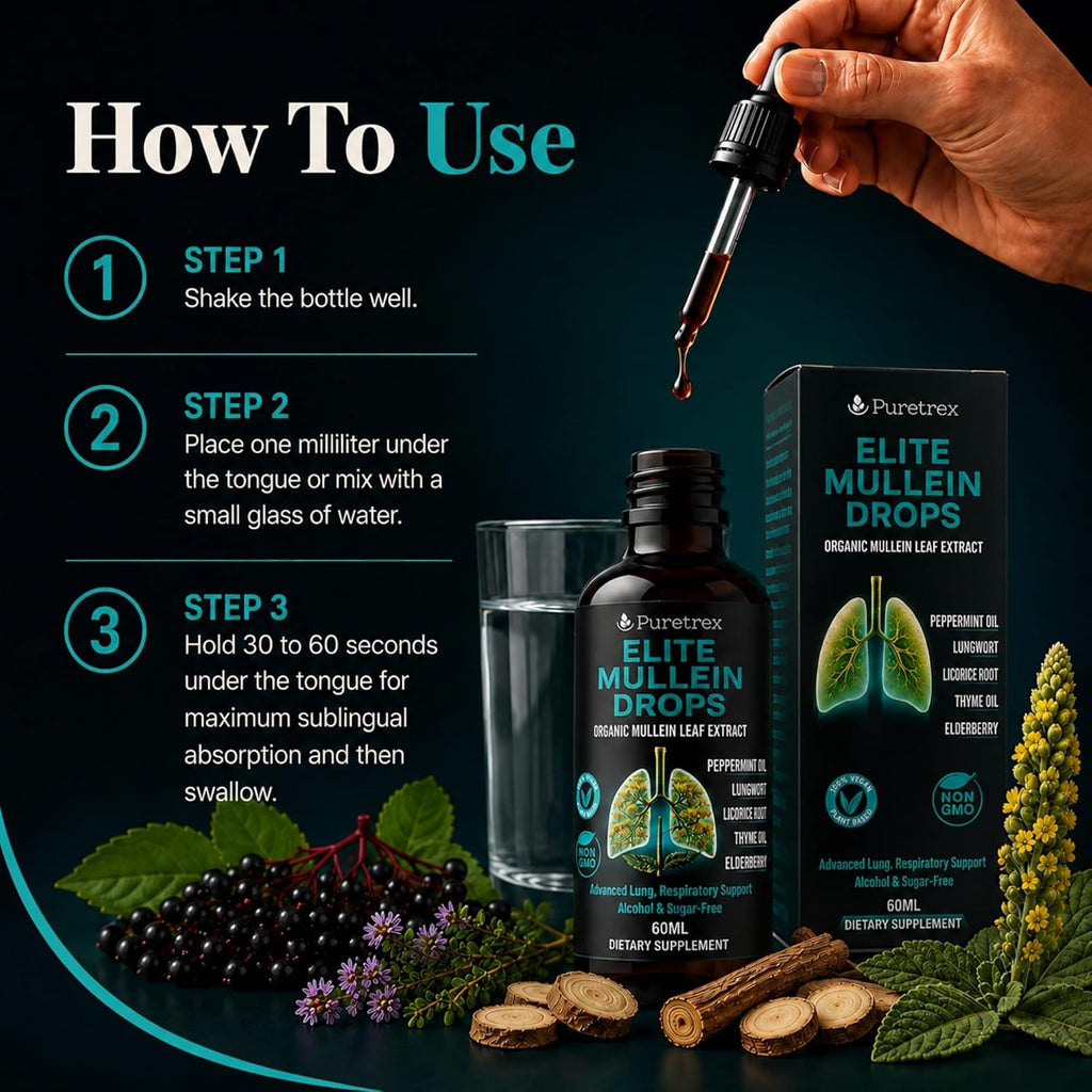 Elite Mullein Drops for Lungs, Respiratory Support, Organic Leaf Extract Liquid, Lungwort, Licorice Root, Thyme, Elderberry, Peppermint Oil, Vegan, Alcohol & Sugar-Free, 60mL