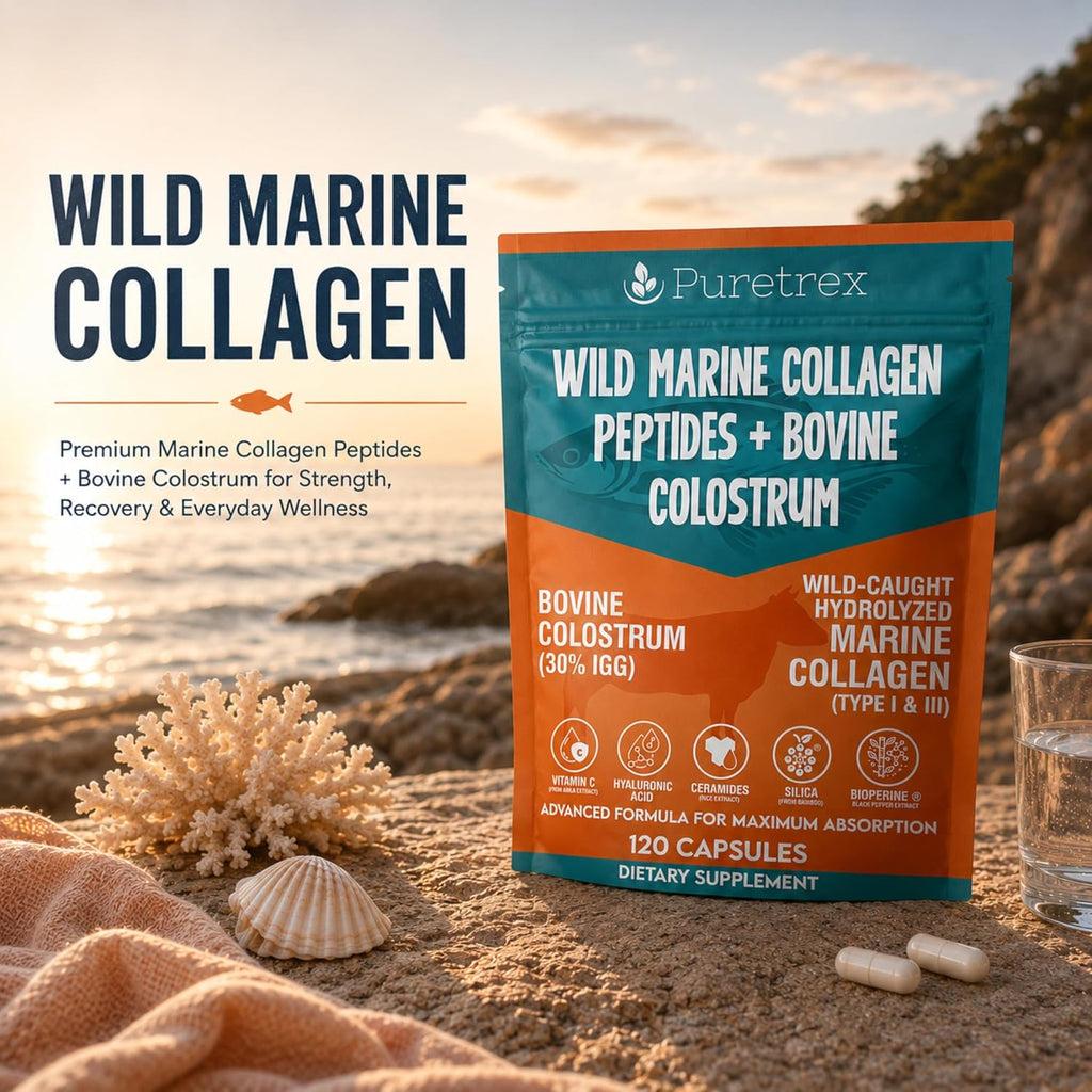 Marine Collagen Peptides Capsules, 120 Capsules with Bovine Colostrum, Hydrolyzed Type I & III Wild-Caught Formula, Hyaluronic Acid, Amla Vitamin C, Silica, Ceramides, BioPerine
