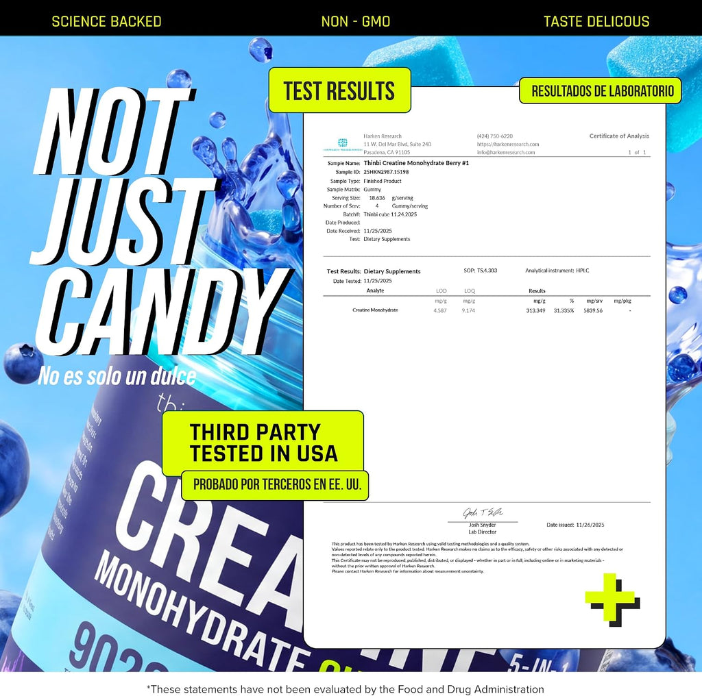 Thinbi Creatine Gummies for Women & Men, Monohydrate, Blueberry, 120 Count
