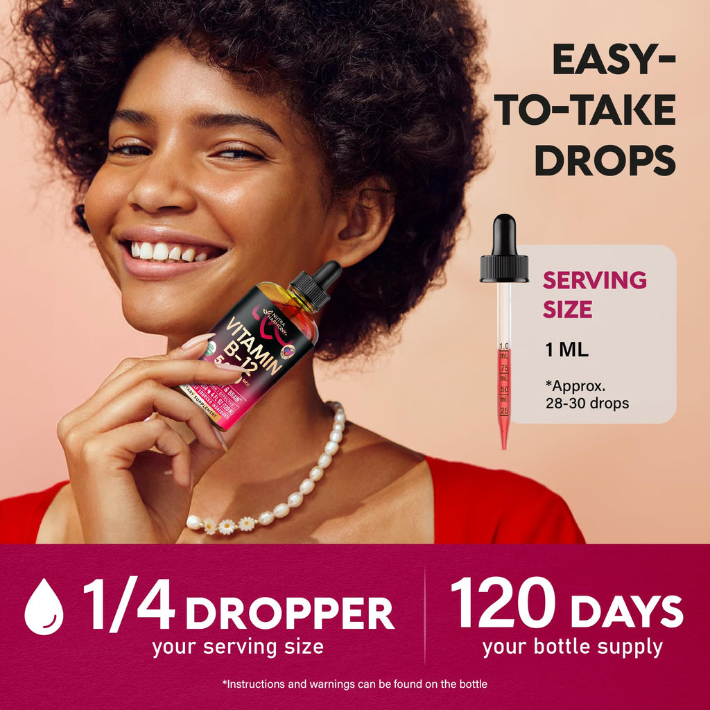 USDA Organic Vitamin B12 Sublingual Drops - 5000 mcg Liquid Vegan Methylcobalamin for Women & Men - Energy Boost, Focus & Mood, Brain Health Support - Maximize Absorption - 2 Month Supply, 2 fl oz