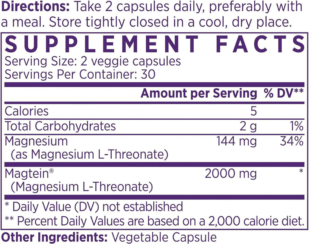 NAOMI Magtein® Magnesium L-Threonate 2000mg - Supports Healthy Cognitive Function, Working Memory & Focus - Patented MIT-Developed Formula, Brain Magnesium Support, Non-GMO, Vegan, 30-Day Supply