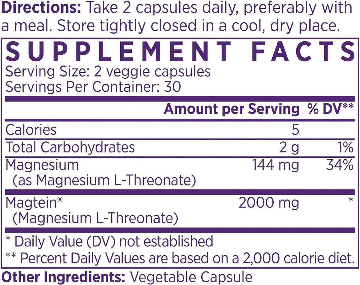 NAOMI Magtein® Magnesium L-Threonate 2000mg - Supports Healthy Cognitive Function, Working Memory & Focus - Patented MIT-Developed Formula, Brain Magnesium Support, Non-GMO, Vegan, 30-Day Supply