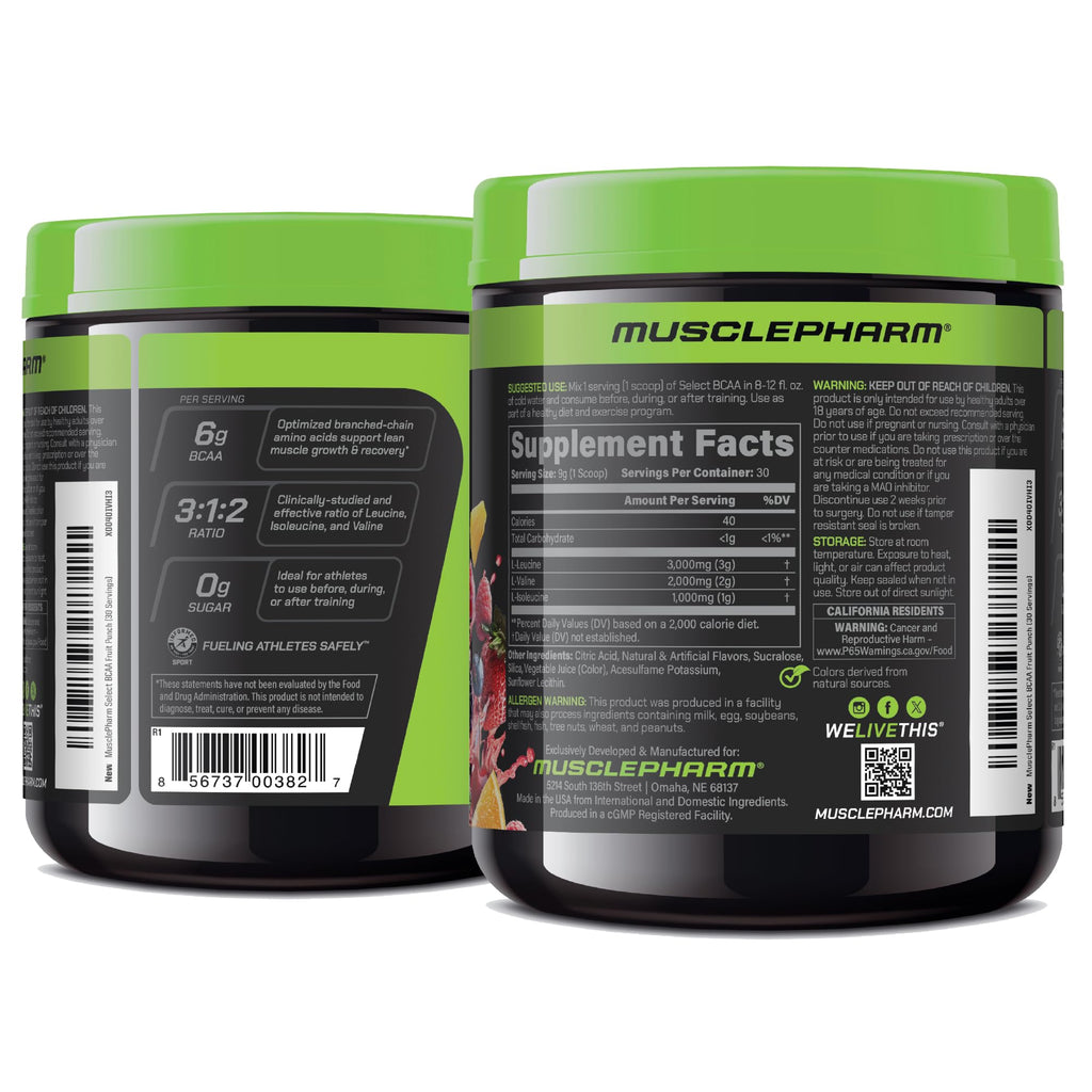 MusclePharm Essentials BCAA Powder, Pre & Post Workout Recovery Drink, Supports Muscle Recovery & Energy, Essential Amino Acids, 30 Serv, Fruit Punch