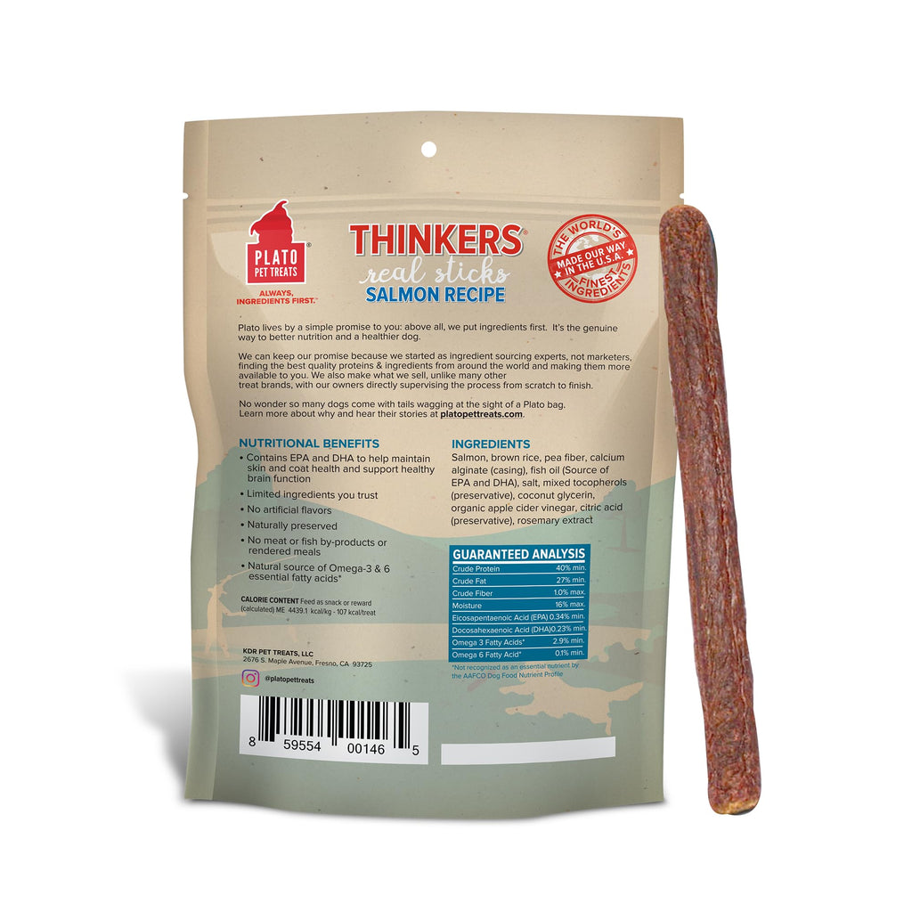 Plato Pet Treats Thinkers - Meat Stick Treats for Dogs - Limited Ingredient with EPA and DHA to Support Skin, Coat, and Brain - Air-Dried - Thinkers Salmon 10oz - 2 Pack