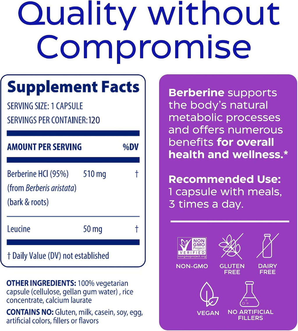 Enzymedica Berberine HCl Supplement 510 mg - Berberine Capsules for Men & Women, Natural Metabolic Health Support, Vegan, Gluten Free, Non-GMO - 120 Targeted Release Caps