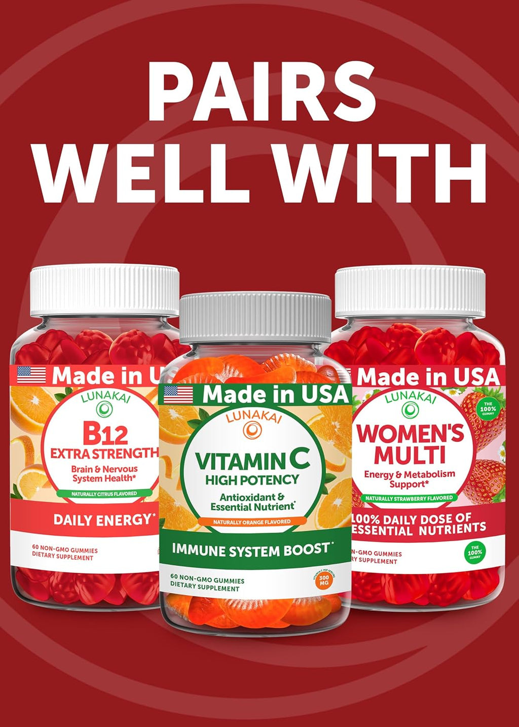 Lunakai USA Made Vegan Iron Gummies 5-in-1 with Methylfolate, Vitamin C, E & B12 - Daily Chewable Iron Supplement for Women, Men & Kids - Energy & Blood Health Support, Non-GMO, 60ct