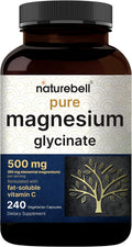 NatureBell Pure Magnesium Glycinate 500mg Per Serving, 240 Veggie Capsules | 100% Chelated & Purified Magnesium Supplement for Women & Men. 3rd Party Tested, Vegan Friendly, Non-GMO, Filler Free.