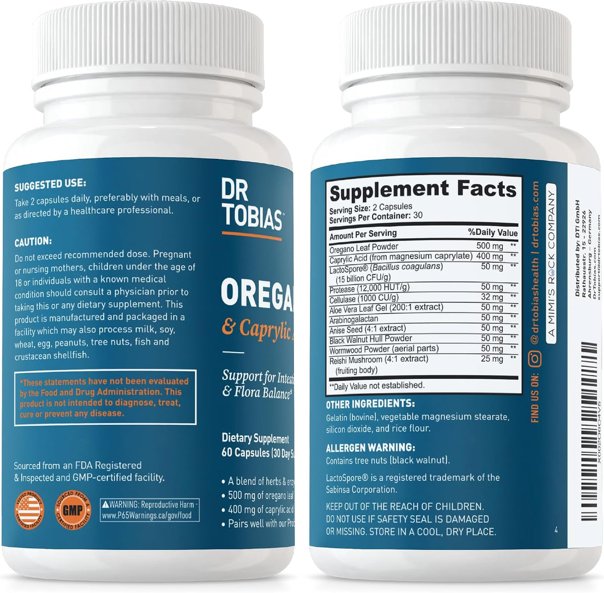 Dr. Tobias Oregano & Caprylic Acid Blend 60 Capsules | Oregano Capsules | Gut Flora Balance Complex & Intestinal Support | Oregano + Caprylic Acid | Probiotics + Enzymes | 30 Servings