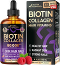 Liquid Biotin & Collagen 60,000 mcg - Vitamins for Hair Growth Support - Extra Strength Drops for Women & Men - Liquid Collagen Supplement - Strong Nails & Healthy Skin - Raspberry Flavor, 2 Fl Oz