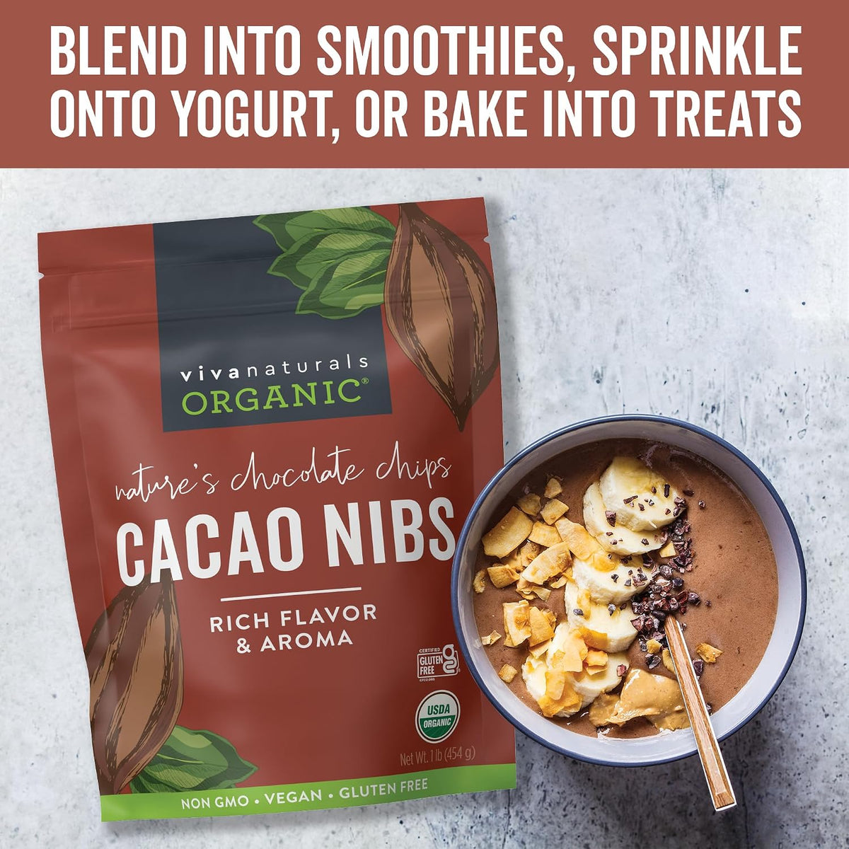 Viva Naturals Organic Cacao Nibs, Unsweetened, 1 LB (454 g), Keto Friendly, Vegan, Non-GMO, Gluten-Free Crunchy Chocolate Chip Substitute