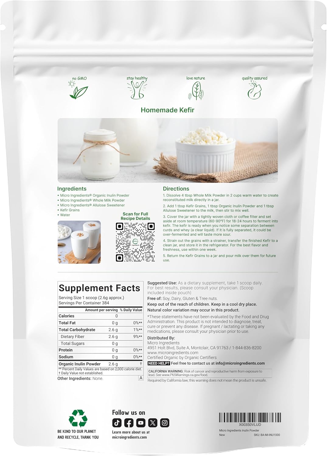 Micro Ingredients Organic Inulin FOS Fiber Powder, 2.2 lbs | Quick Water-Soluble Prebiotic | Natural Fiber for Smoothies & Drinks | Vegan Friendly, Dissolves Clear