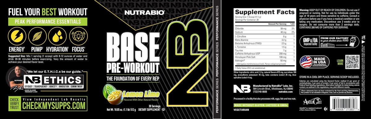 NutraBio Base Pre-Workout Powder 200mg Caffeine, Sustained Energy, Focus, Endurance, Pump, Sugar Free, Clean Preworkout for Men and Women - Beta Alanine, L-Tyrosine, 30 Servings - Lemon Lime