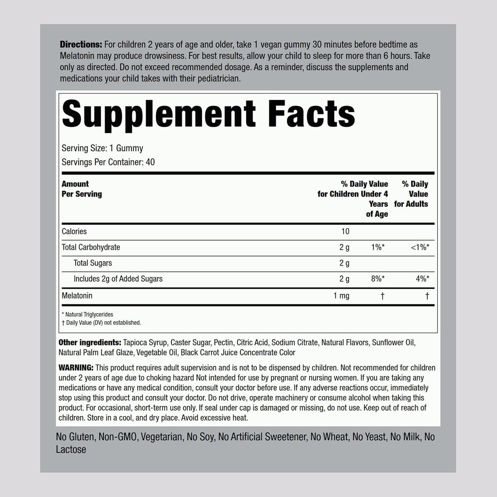 Piping Rock Kids Melatonin Gummy 1mg | 40 Gummies | Cherry Flavor | Vegan, Non-GMO, Gluten Free Supplement