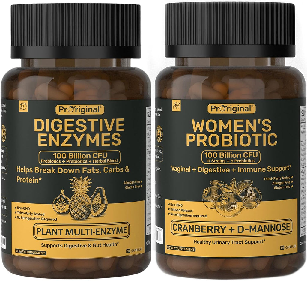 Women’s Probiotic & Digestive Enzymes Bundle – 100 Billion CFU Probiotic with Prebiotics, Cranberry & D-Mannose + Multi-Enzyme Complex – Supports Women’s Digestive, Gut, Vaginal & Urinary Health – Veg