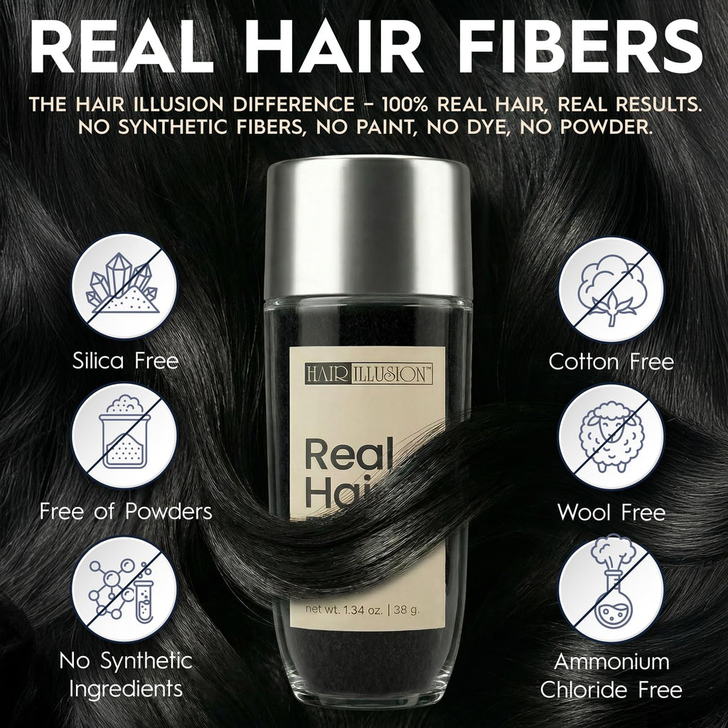 Hair Illusion Black Real Hair Fibers for Thinning Hair - 100% Natural Texture, Non Synthetic Hair Fibers - Bald Spot Cover Up for Women & Men - 38 Gram
