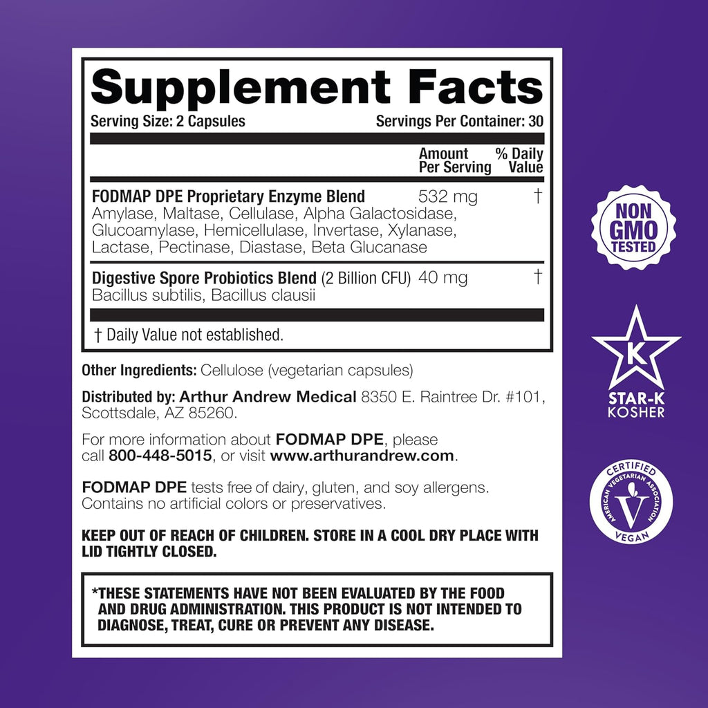 Arthur Andrew Medical, FODMAP DPE, Digestive Enzymes, 60 Capsules | Digestive Enzymes, & Probiotics For FODMAP Intolerance & The Digestion Of Fermentable Foods. Vegan, Non-GMO