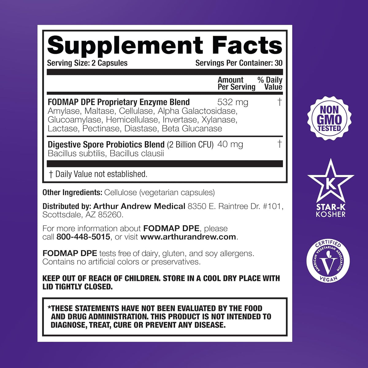 Arthur Andrew Medical, FODMAP DPE, Digestive Enzymes, 60 Capsules | Digestive Enzymes, & Probiotics For FODMAP Intolerance & The Digestion Of Fermentable Foods. Vegan, Non-GMO