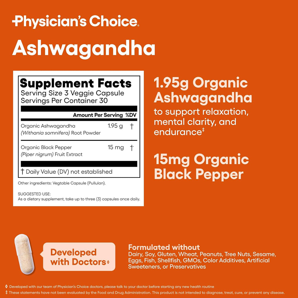 Physician's CHOICE Ashwagandha Supplement - 1950mg of Bioavailable Organic Ashwagandha Root Powder - Black Pepper Extract, Stress Support, Mood Support Supplement, 90 Veggie Capsules