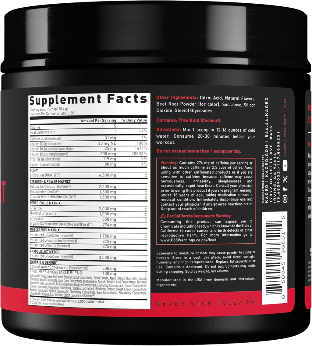 Kaged Original Pre Workout Powder | Fruit Punch | Pre-Workout with Creatine, Beta Alanine, L-Citrulline, BCAAs | 274 mg Caffeine | Pre Supplements for Men & Women | 20 Servings