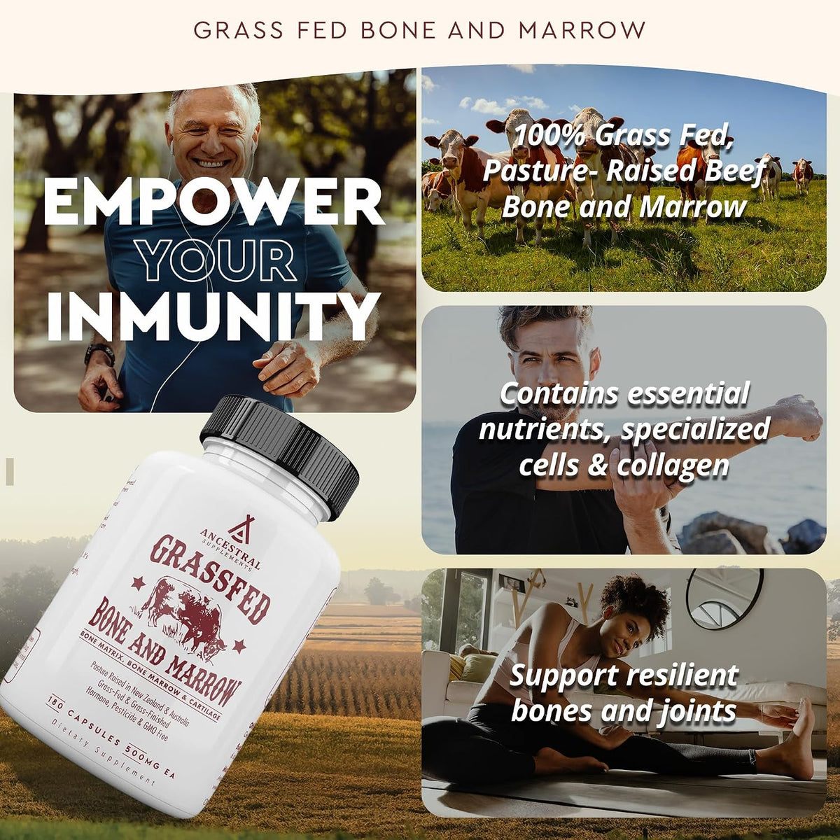 Ancestral Supplements Grass-Fed Beef Liver & Bone Marrow Capsules, 3000mg, Supports Energy, Digestion, Immunity, Skin, Oral Health, Joint Wellness, Non-GMO, Freeze-Dried, 180 Capsules