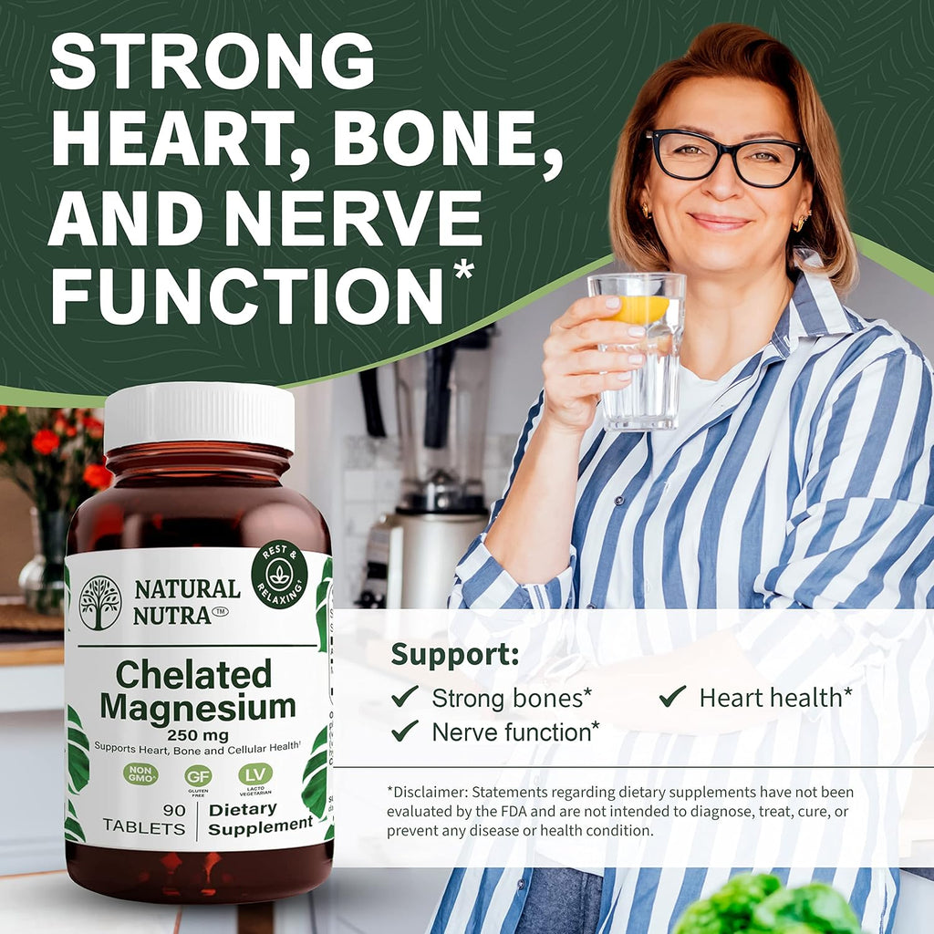 Natural Nutra Chelated Magnesium Oxide 250mg- High Absorption for Strong Bones, Heart Health, Improves Dental Health, Energy Boost, Gluten-Free, Non-GMO, 90Tablets in BPA-Free Recyclable Glass Bottles
