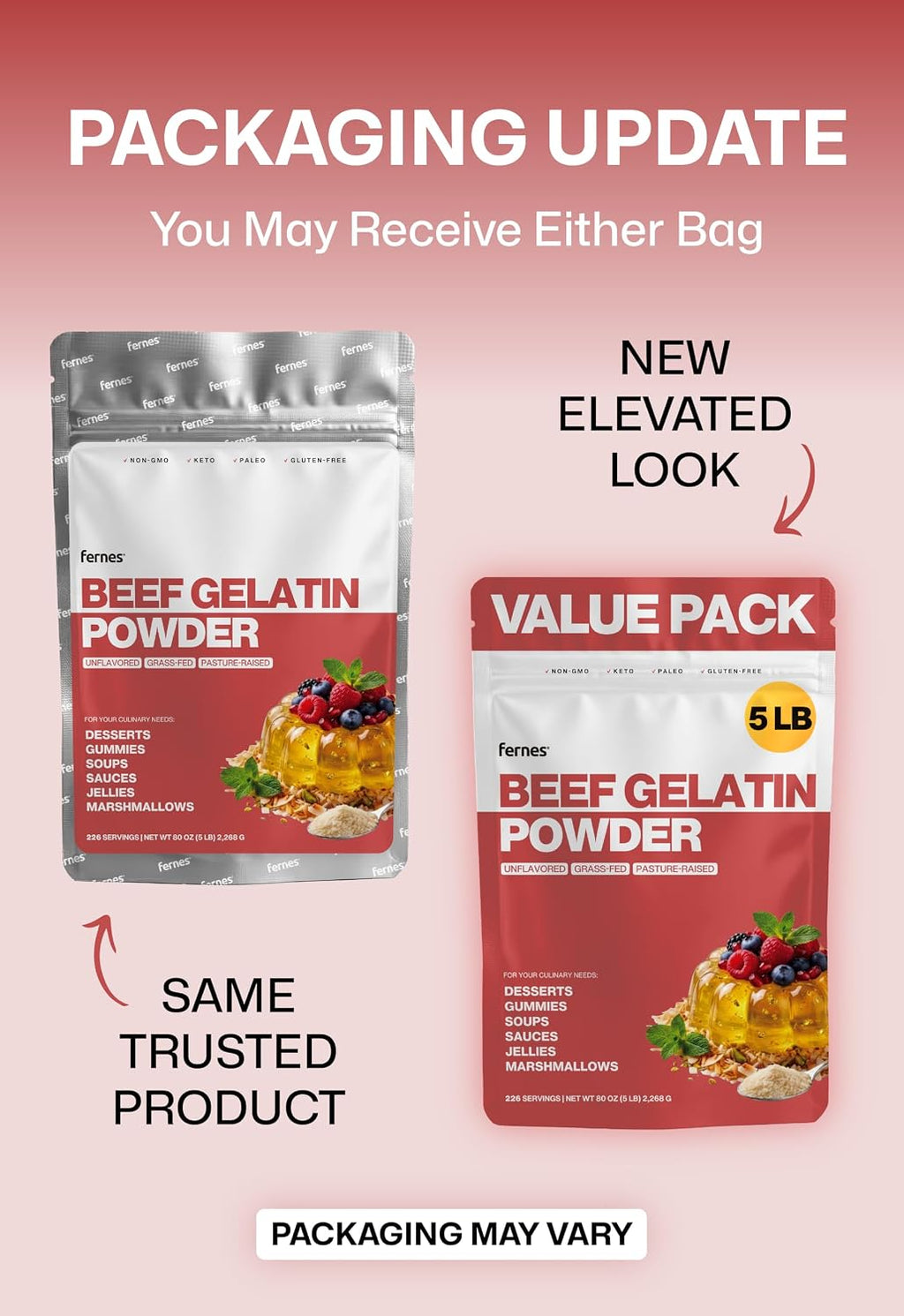 Fernes Bulk Beef Gelatin Powder (5 LB) Unflavored - Grass-Fed & Pasture-Raised, 225 Bloom Thickening Agent for Gummies, Marshmallows, Desserts & Baking - Keto, Paleo, Non-GMO, Kosher, Gluten-Free