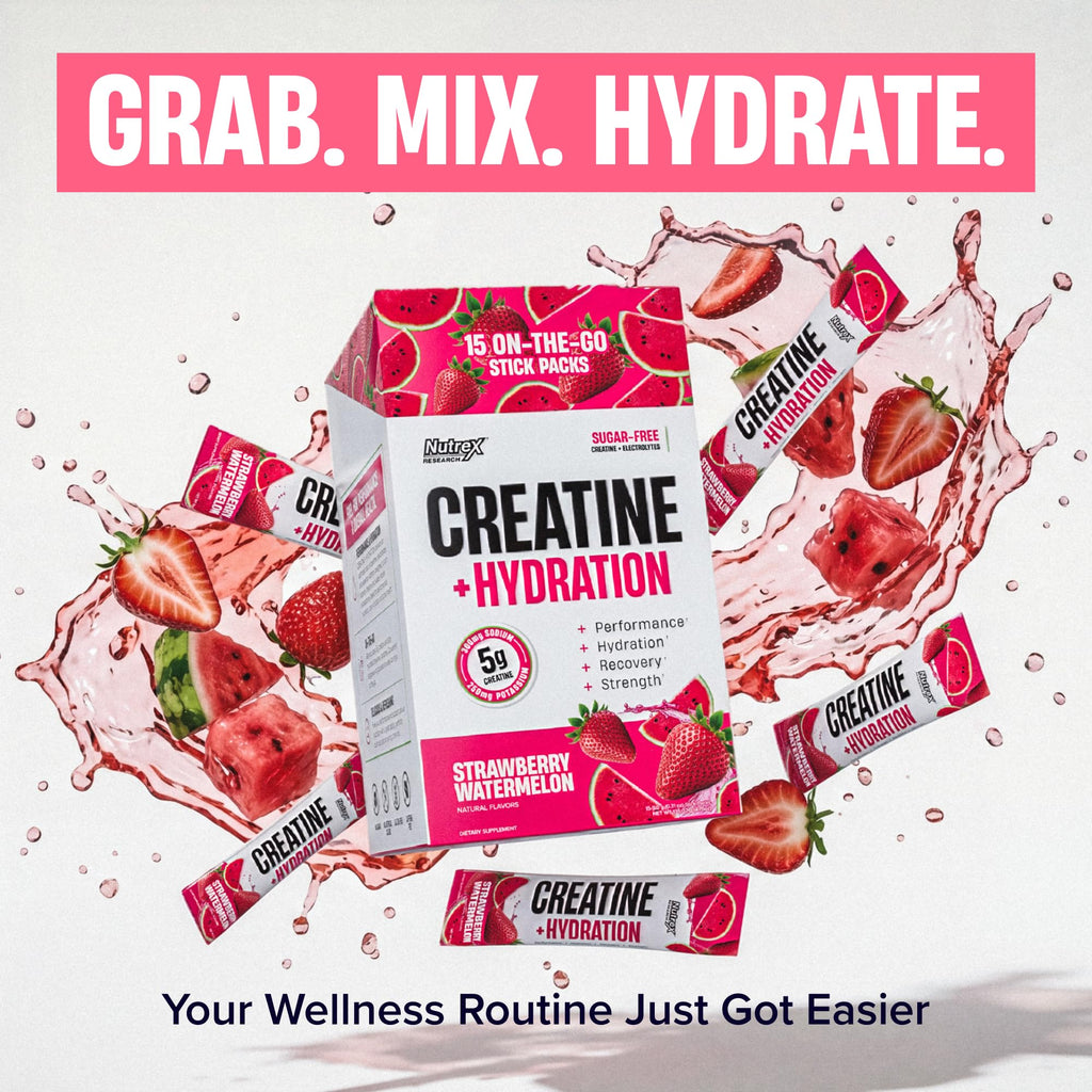 Nutrex Research Essentials Creatine + Hydration Stick Packs, 5g Creatine + Electrolytes, Sugar Free, Gluten Free, Strawberry Watermelon, 15 On-The-Go Stick Packs
